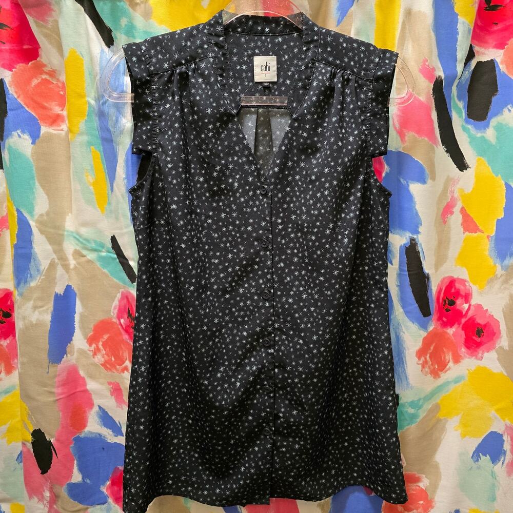 Cabi black sleeveless button-down top white star pattern‎ collared sleeve caps S